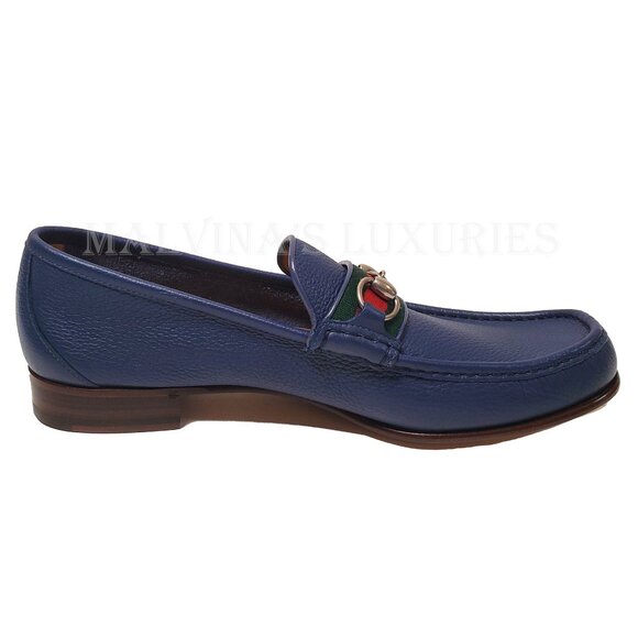 GUCCI SHOES MENS BLUE LEATHER MOCCASIN LOAFERS w HORSEBIT WEB sz 12.5G 13 - Picture 6 of 15